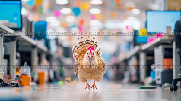 Quirky avian invasion: A bantam chicken explores a bustling office space. Стоковое AI-изображение, AI-художник Данила Большаков / Фотобанк Лори