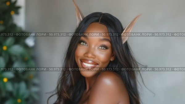 Radiant close-up of a delightful dark-skinned fantasy character with prominent elven ears and a captivating, joyful smile. Стоковое AI-видео, аниматор Данила Большаков / Фотобанк Лори