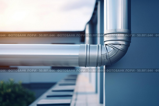Rain gutter downspout draining water from roof during sunset. Стоковое AI-изображение, AI-художник Иван Рябоконь / Фотобанк Лори