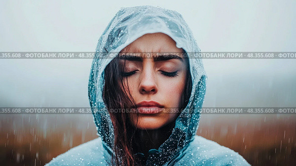 Rain Serenity: A portrait of a woman in a rain hood, finding peace in the downpour, design for wellness blog and mindful living concept. Стоковое AI-изображение, AI-художник Данила Большаков / Фотобанк Лори