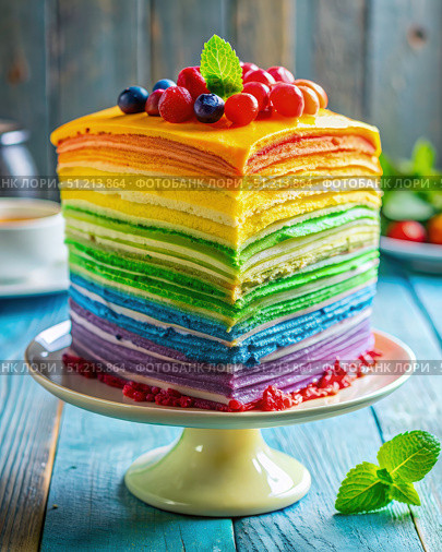 Rainbow Crepe Cake on a Pedestal. Generative AI. Стоковое AI-изображение, AI-художник Roman Zavorotny / Фотобанк Лори