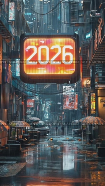 Rainy cyberpunk city street in 2026 with digital signage. Стоковое AI-видео, аниматор Юрий Поздников / Фотобанк Лори