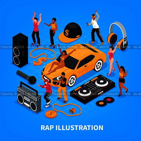 Rap isometric vector illustration with singers performers sound amplifier headphones radio tape recorder decorative signs. Стоковая иллюстрация, агентство Ingram Publishing / Фотобанк Лори