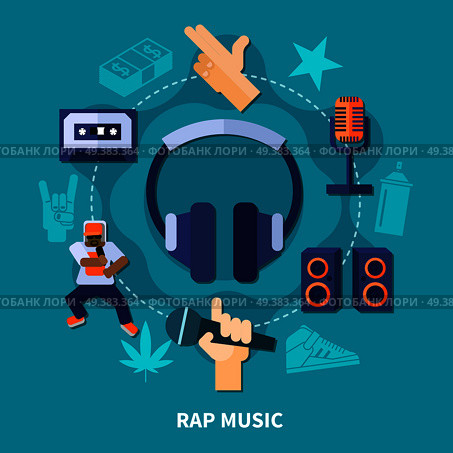 Rap music round composition with gestures of rapper, headphones, microphones, loudspeakers on turquoise background flat vector illustration. Rap Music Round Composition. Стоковая иллюстрация, агентство Ingram Publishing / Фотобанк Лори