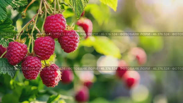 Raspberry. Big ripe raspberries cluster on a blurred green background. Red sweet berries growing on raspberry bush in fruit garden in nature. Many crimson fresh raspberries. Abundance. Summer Harvest. Стоковое AI-видео, аниматор Марина Демидюк / Фотобанк Лори