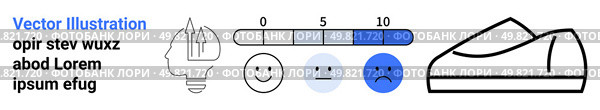 Rating scale with numbers, three emoticons, profile with graph, shoe outline, placeholder text. Ideal for performance evaluation, customer feedback, user satisfaction, metrics, product design, market. User Feedback and Performance Analysis Concept with Rating Scale and Shoe Outline for Customer Insight. Стоковая иллюстрация, агентство Ingram Publishing / Фотобанк Лори