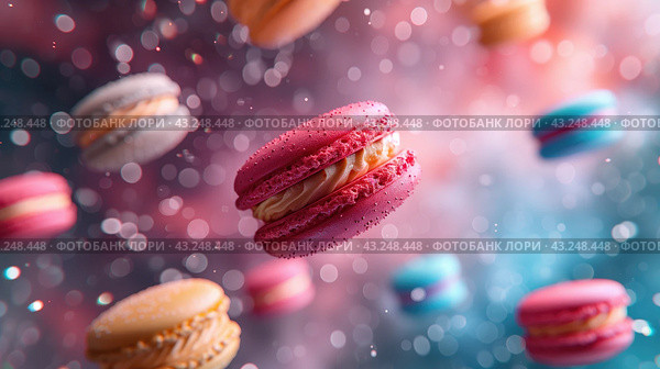 Разноцветные макаруны, летящие в пространстве, на фоне боке. colorful macarons flying in space with a bokeh background. Стоковое AI-изображение, AI-художник Katsiaryna Repich / Фотобанк Лори