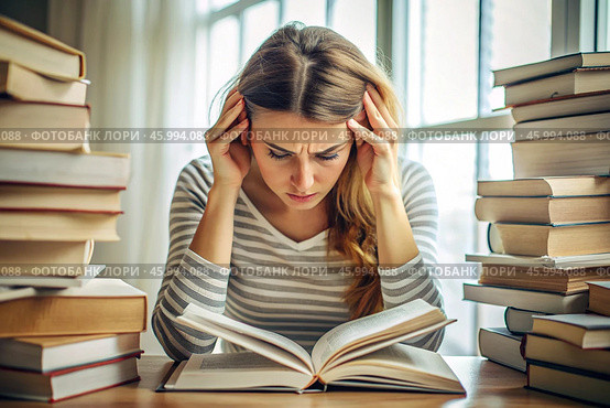 Reads, prepares for exams. use. Admission to the institute. A young girl holds her head among many books, stays at home and studies. Стоковое AI-изображение, AI-художник Photojuli / Фотобанк Лори