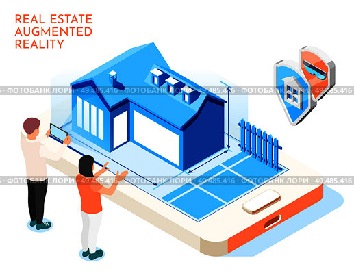Real estate augmented reality isometric composition with love couple imagine their future life vector illustration. Стоковая иллюстрация, агентство Ingram Publishing / Фотобанк Лори
