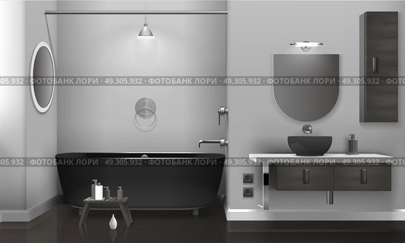 Realistic Bathroom Interior With Two Mirrors. Realistic bathroom interior design with black sanitary equipment, two mirrors on grey wall, glossy floor vector illustration. Стоковая иллюстрация, агентство Ingram Publishing / Фотобанк Лори