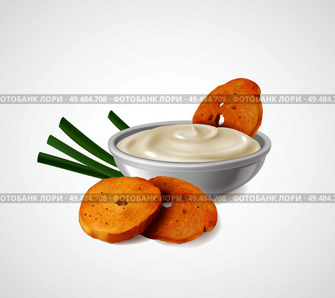 Realistic composition with green onion and bowl of sour cream as flavoring additives for snacks vector illustration. Стоковая иллюстрация, агентство Ingram Publishing / Фотобанк Лори
