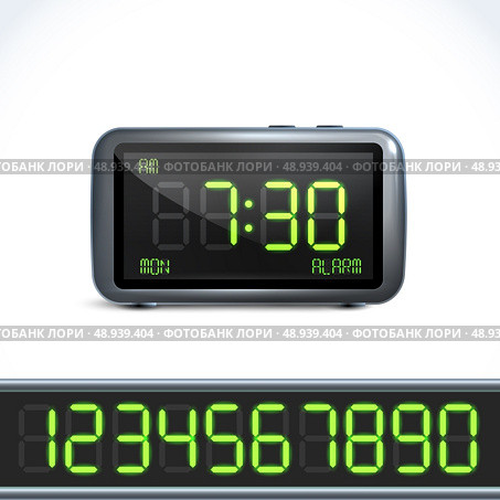 Realistic digital alarm clock with lcd display and numbers vector illustration. Стоковая иллюстрация, агентство Ingram Publishing / Фотобанк Лори