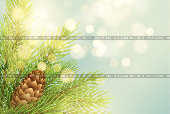 Realistic fir-tree branch with pinecone illustration. Spruce twig with bump on light background. Christmas decoration with glowing round sparks. Postcard, banner design. Isolated vector. Realistic fir-tree branch with pinecone illustration. Стоковая иллюстрация, агентство Ingram Publishing / Фотобанк Лори