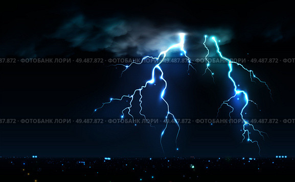 Realistic lightning bolts flashes composition with view of night city sky with clouds and thunderbolt images vector illustration. Стоковая иллюстрация, агентство Ingram Publishing / Фотобанк Лори