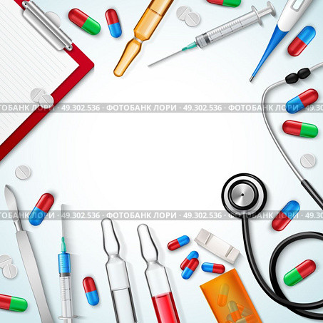 Realistic Medical Instruments Background. Composition of realistic medical instruments with pills syringe vials with liquid lancet knife and prescription sheet vector illustration. Стоковая иллюстрация, агентство Ingram Publishing / Фотобанк Лори