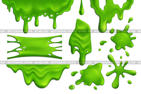Realistic set of green slime blots and drops isolated on white background vector illustration. Стоковая иллюстрация, агентство Ingram Publishing / Фотобанк Лори