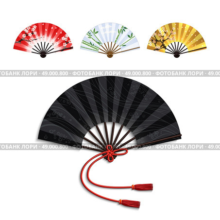 Realistic traditional oriental open folding fans set isolated vector illustration. Folding Fan Set. Стоковая иллюстрация, агентство Ingram Publishing / Фотобанк Лори