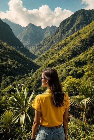Rear view of lady enjoy at landscape Adam's peak mountain at tropical journey Sri Lanka, Ella, posing. From behind of adult woman in yellow jacket at landmark nature background. Copy ad text space. Стоковое AI-изображение, AI-художник Aleksandr Golubev / Фотобанк Лори