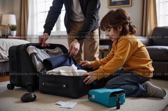 Ребенок с отцом упаковывают вещи в чемодан на ковре в гостиной / Child with parent packing a suitcase on the carpet in the living room. Стоковое AI-изображение, AI-художник Валерий Лукин / Фотобанк Лори