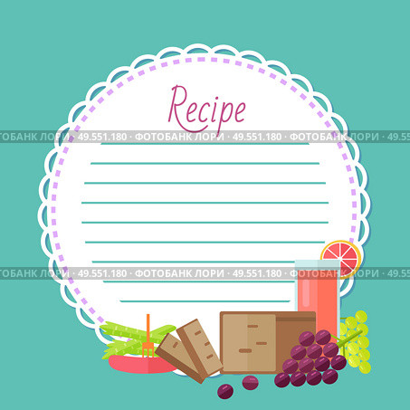Recipe cookbook, round clean list decorated by fresh juice in glass, bread, sausage and grapes. Colorful fruit and food, flat design style of meal vector. Grapes and Fresh Juice, Fruits and Recipe Vector. Стоковая иллюстрация, агентство Ingram Publishing / Фотобанк Лори