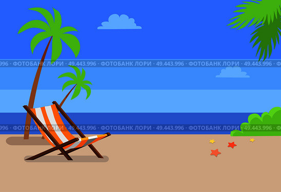 Recliner under tall palms at empty sandy beach. Tropical beach of hot country with recliner and deep blue sea on horizon cartoon vector illustration.. Recliner under Tall Palms at Empty Sandy Beach. Стоковая иллюстрация, агентство Ingram Publishing / Фотобанк Лори