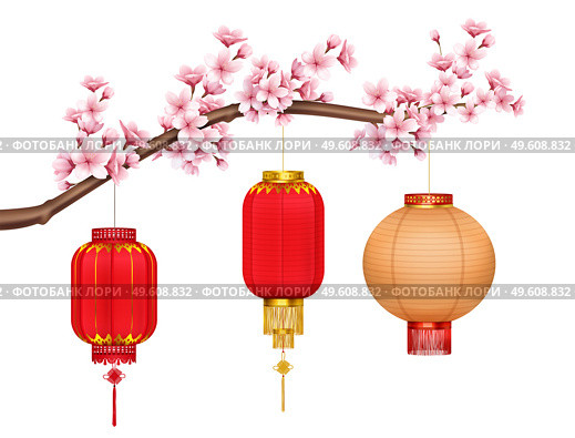 Red and gold chinese lanterns with gold fringe and brushes hanging on sakura branch realistic vector illustration. Chinese Lanterns On Sakura Realistic Composition. Стоковая иллюстрация, агентство Ingram Publishing / Фотобанк Лори