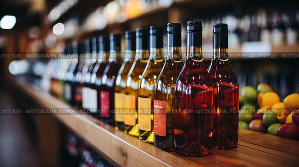 Red and white wine in bottles in wine shop. Generative AI. Стоковое AI-изображение, AI-художник Ирина Ручушкина / Фотобанк Лори