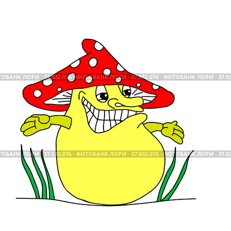 Red and yellow hand-drawn vector illustration of One fun mushroom Fly agaric isolated on a white background. Стоковая иллюстрация, иллюстратор Татьяна Куклина / Фотобанк Лори