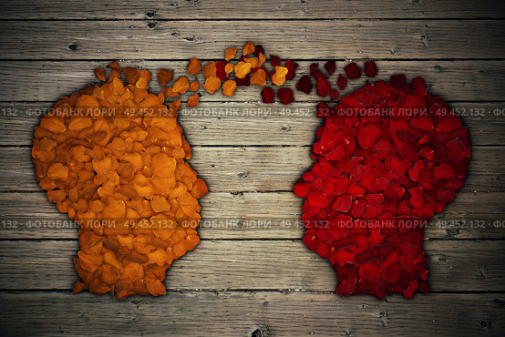 Red and yellow rose petals arranged in shape of human head generate thinking exchange and idea partnership business. Speaking together social media concept. Communication symbol as a base of a relationship. Стоковое фото, агентство Ingram Publishing / Фотобанк Лори