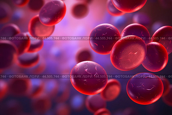 Red blood cells flowing through vein on purple background. Стоковое AI-изображение, AI-художник Ирина Старикова / Фотобанк Лори