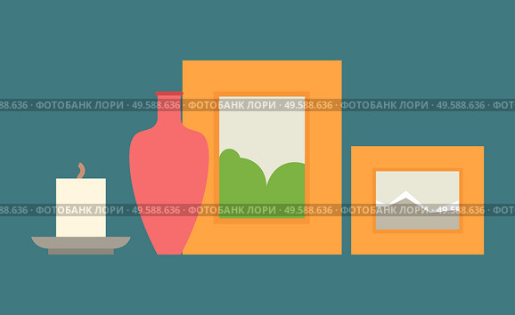 Red ceramic vase, burning candle and paitings in wooden frames. Comfort and cosiness items, home decoration elements, cartoon flat vector illustration. Comfort and Cosiness Items for Home Vector Image. Стоковая иллюстрация, агентство Ingram Publishing / Фотобанк Лори