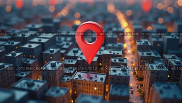 Red dot is placed in the middle of a cityscape. The dot is a map pin, and the city is lit up with lights. Concept of urban life. Стоковое AI-видео, аниматор Sergey Grishin / Фотобанк Лори