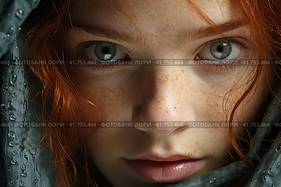 Red-haired girl with eyes with heterochromia close-up,  Generative AI. Стоковое AI-изображение, AI-художник Анна Кривицкая / Фотобанк Лори