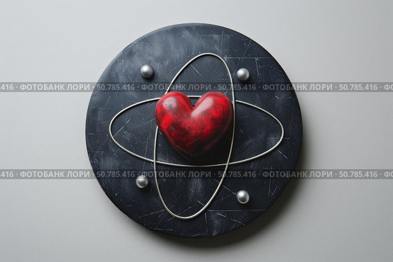 Red heart shape surrounded by silver orbits representing love atom. Стоковое AI-изображение, AI-художник Иван Рябоконь / Фотобанк Лори