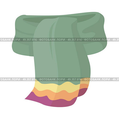 Red Knitted Scarf Isolated on White Background. Knitted scarf isolated on white background. Unisex green warm woolen scarf with trim. Autumn and winter season accessory. Kremer, muffler or neck-wrap. Worn around neck for warmth and fashion. Vector. Стоковая иллюстрация, агентство Ingram Publishing / Фотобанк Лори