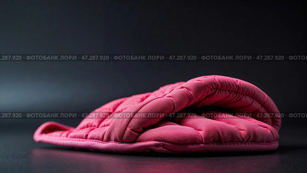 Red quilted oven mitt neatly folded on a dark surface with soft lighting highlighting its texture and design. Стоковое AI-изображение, AI-художник Сергей Толмачёв / Фотобанк Лори