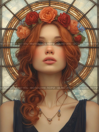 Redheaded woman portrait in stained glass backdrop art nouveau inspiration. Стоковое AI-изображение, AI-художник Ксения Лаптева / Фотобанк Лори