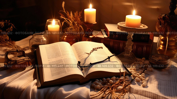 reflecti bible open on table ai generated. Стоковое AI-изображение, AI-художник Vectorwin / Фотобанк Лори