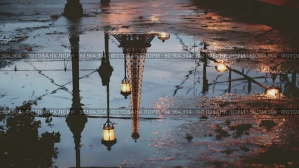Reflections of a landmark in Paris after rain showcasing lanterns and wet pavement at twilight. Стоковое AI-видео, аниматор Ekaterina Ismagilova / Фотобанк Лори