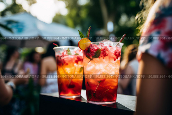 Refreshing cocktails with raspberries, mint, and ice cubes, enjoying summer vibes at outdoor party. Стоковое AI-изображение, AI-художник Иван Рябоконь / Фотобанк Лори