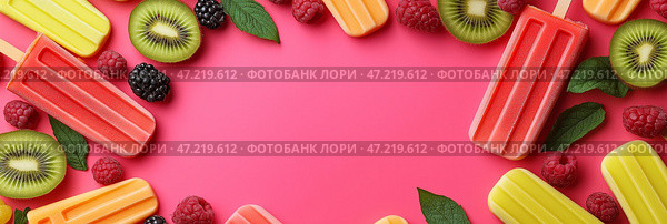 Refreshing summer treats featuring colorful popsicles surrounded by fresh fruits and leaves on a vibrant pink background. Освежающие летние лакомства в виде разноцветных мороженых в окружении свежих фруктов и листьев на ярком розовом фоне. Стоковое AI-изображение, AI-художник Katsiaryna Repich / Фотобанк Лори