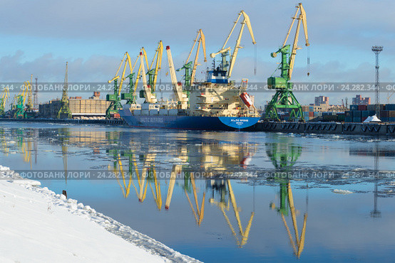 Рефрижераторное судно "Baltic spring" на разгрузке на Канонерском канале февральским утром. Санкт-Петербург (2016 год). Редакционное фото, фотограф Виктор Карасев / Фотобанк Лори