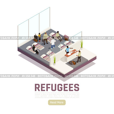 Refugees stateless people asylum seekers center interior isometric composition with reception and housing unit vector illustration. Стоковая иллюстрация, агентство Ingram Publishing / Фотобанк Лори