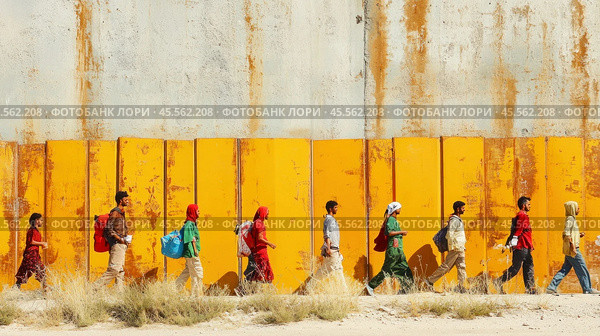 Refugees walking along wall carrying belongings seeking asylum. Стоковое AI-изображение, AI-художник Юрий Поздников / Фотобанк Лори