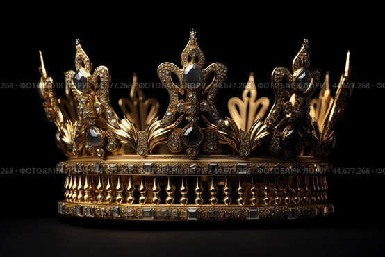 Regal gold crown with jewels on black background. Стоковое AI-изображение, AI-художник Иван Рябоконь / Фотобанк Лори