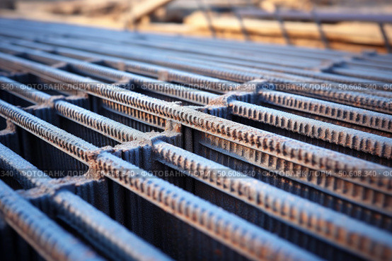 Reinforcing steel bars creating grid structure for construction site. Стоковое AI-изображение, AI-художник Иван Рябоконь / Фотобанк Лори
