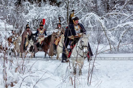Реконструкция 1812г. Наполеоновских и русских зимних маневров. Московская область, Апрелевка, (2018 год) Редакционное фото, фотограф Андрей Дегтярёв / Фотобанк Лори