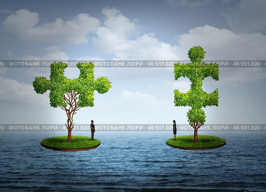 Relationship solution and marriage therapy problem as a disconnected couple finding a way to connect as a sexuality or couple psychology concept with 3D illustration elements. Стоковое фото, агентство Ingram Publishing / Фотобанк Лори