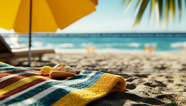 Relaxation on a Sandy Beach With Vibrant Sunshade and Fresh Pastries in Bright Sunlight. Стоковое AI-изображение, AI-художник Юлия Гапеенко / Фотобанк Лори