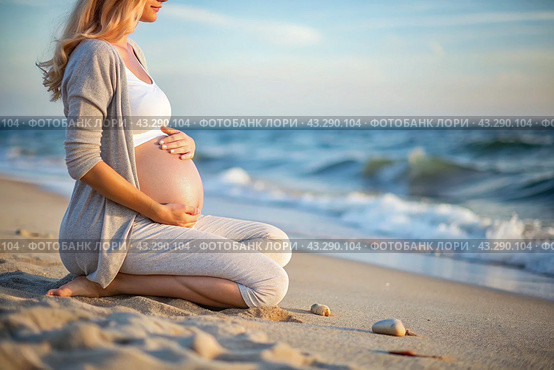 Relaxation, peace of mind, sea air. Close-up of the tummy. A pregnant woman on the beach by the sea. The concept of pregnancy, childbirth and parental responsibilities. Стоковое AI-изображение, AI-художник Photojuli / Фотобанк Лори